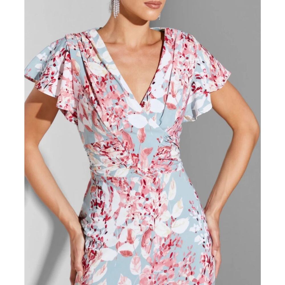 Adrianna Papell Light Blue and Pink Floral V-Neck Flutter Sleeve Wrap Midi Dress - Picture 3 of 9